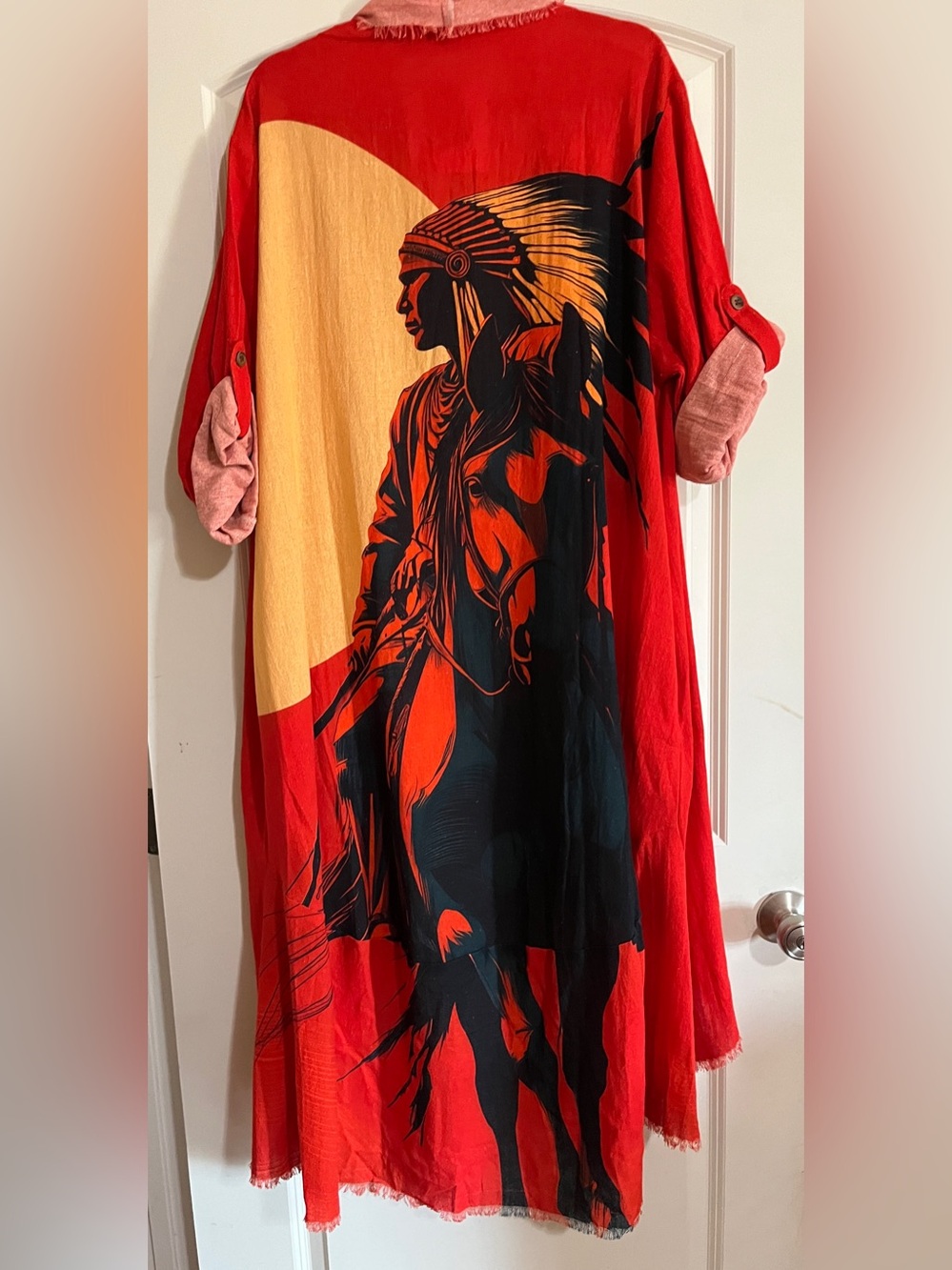 I Love Linen Red Graphic Duster Kimono Jacket Native Warrior Motif One Size NWT